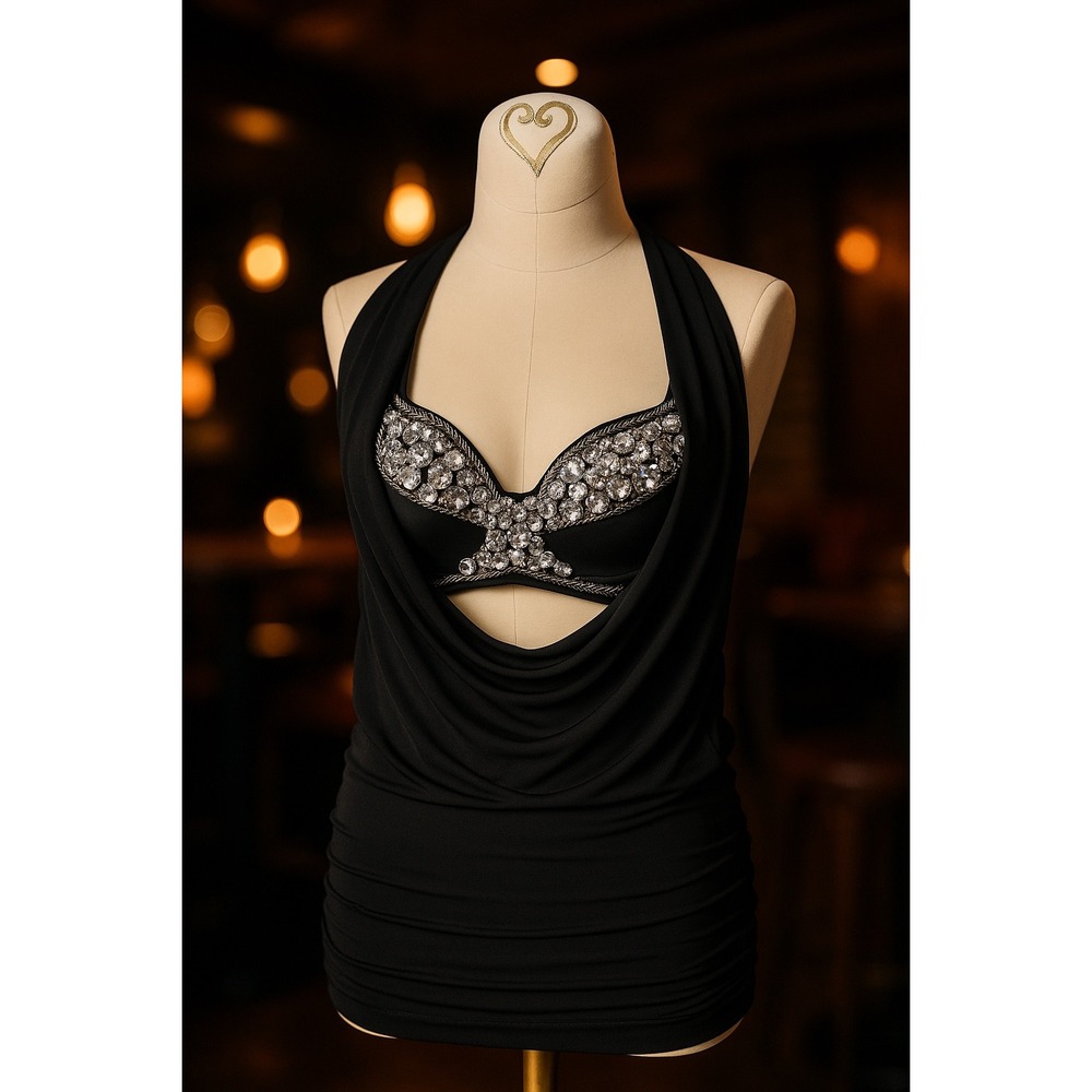 Love‎ Culture Black Rhinestone Embellished Drape Halter Top Size M USA Made